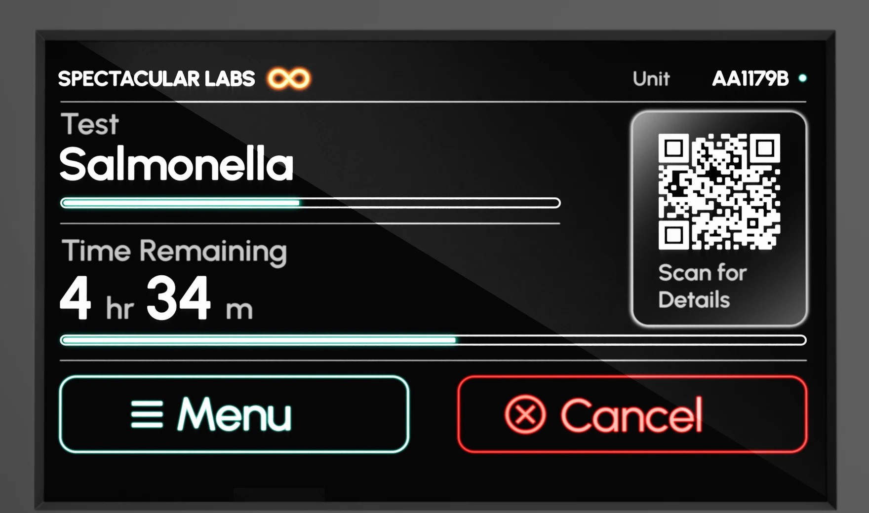 SpectacularOne touchscreen running a Salmonella test, 4 hours 34 minutes remaining